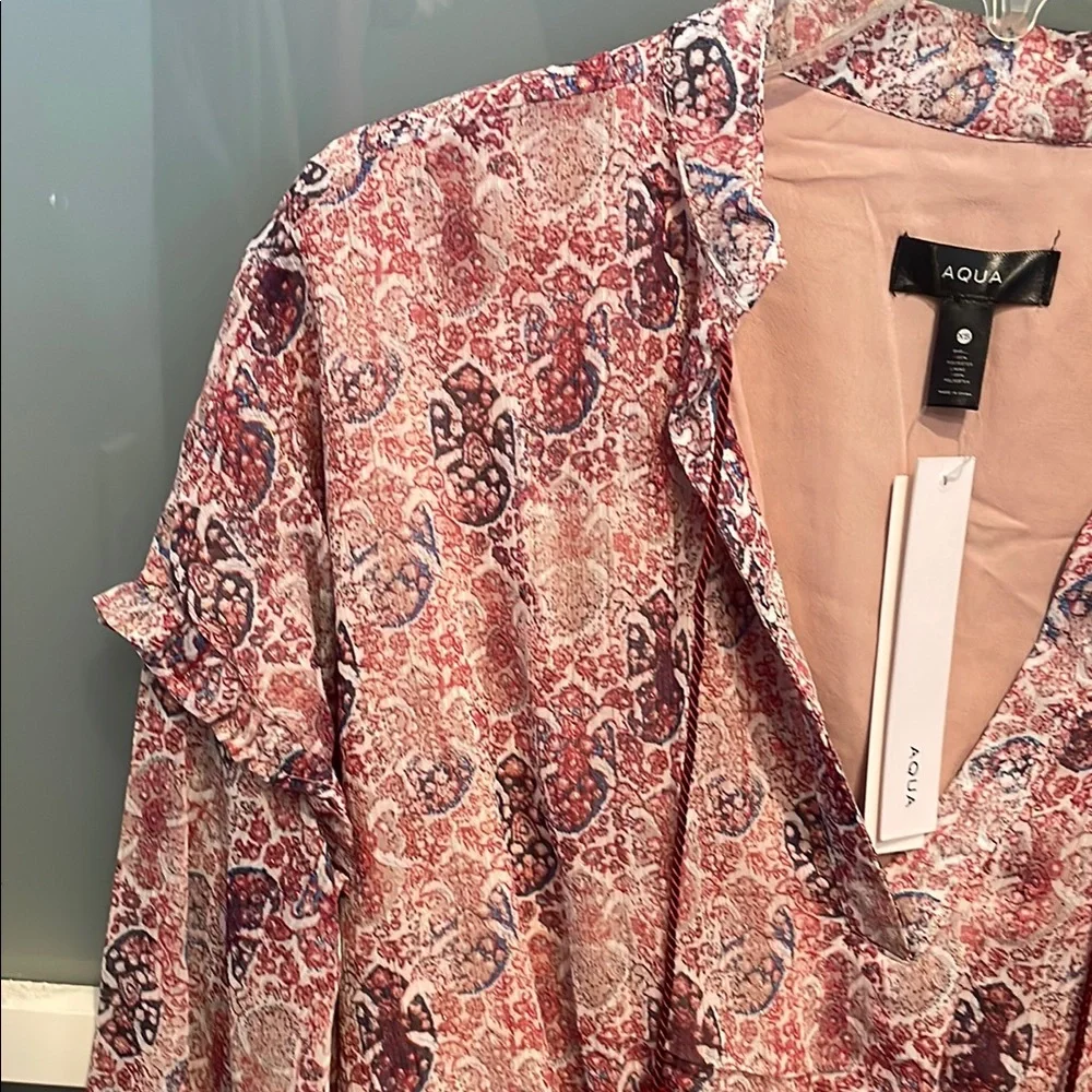 AQUA Pink Lined Patterned Ruffled Dress, Fairy Boho Peasant Dress, NWT